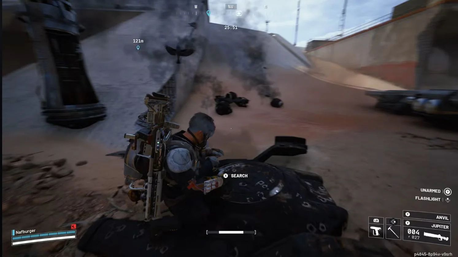 ARC Raiders Spaceport downed Rocketeer with the Search interaction visible.