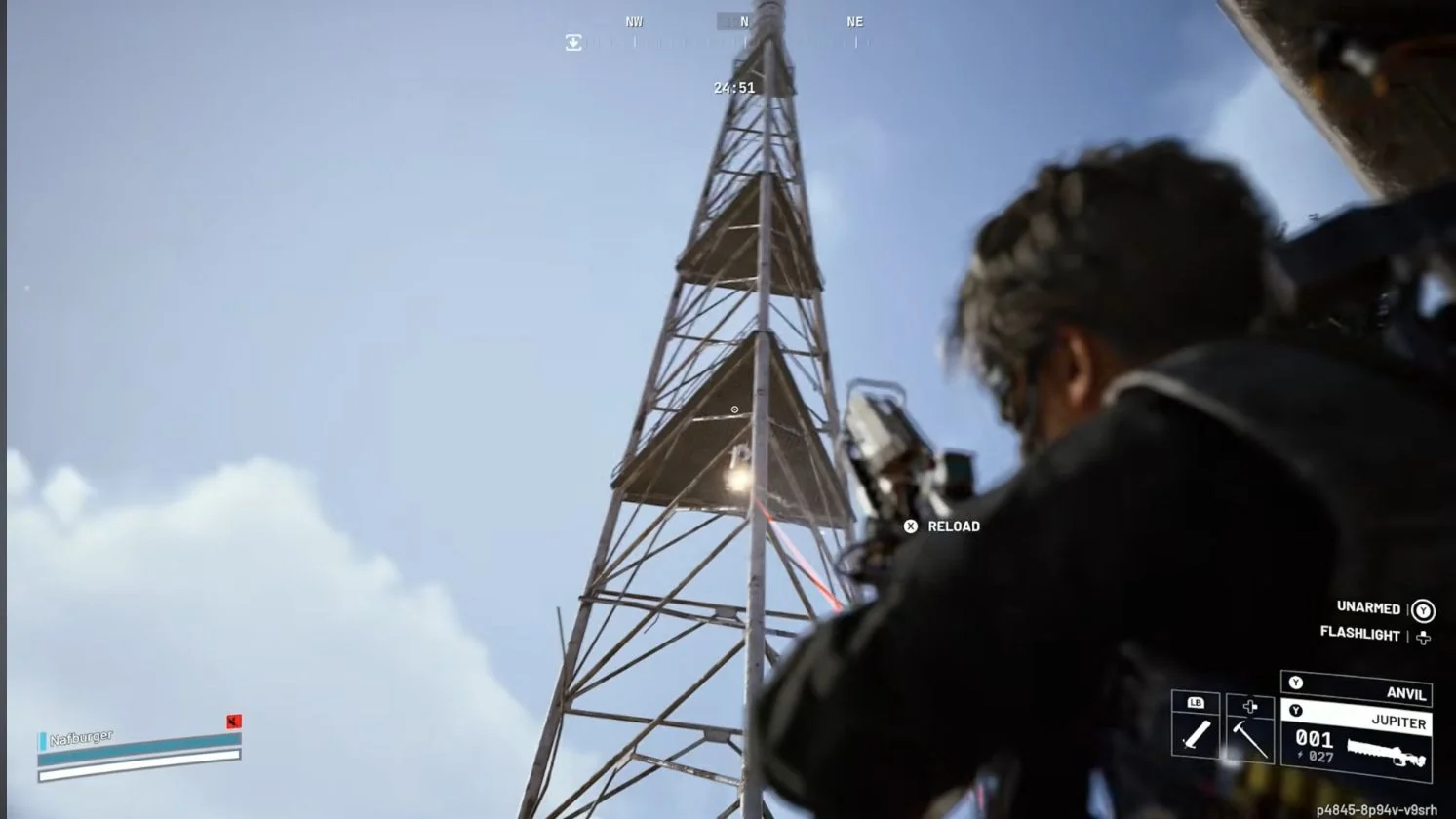 ARC Raiders Spaceport Sentinel on a metal lattice tower viewed from a covered firing position.