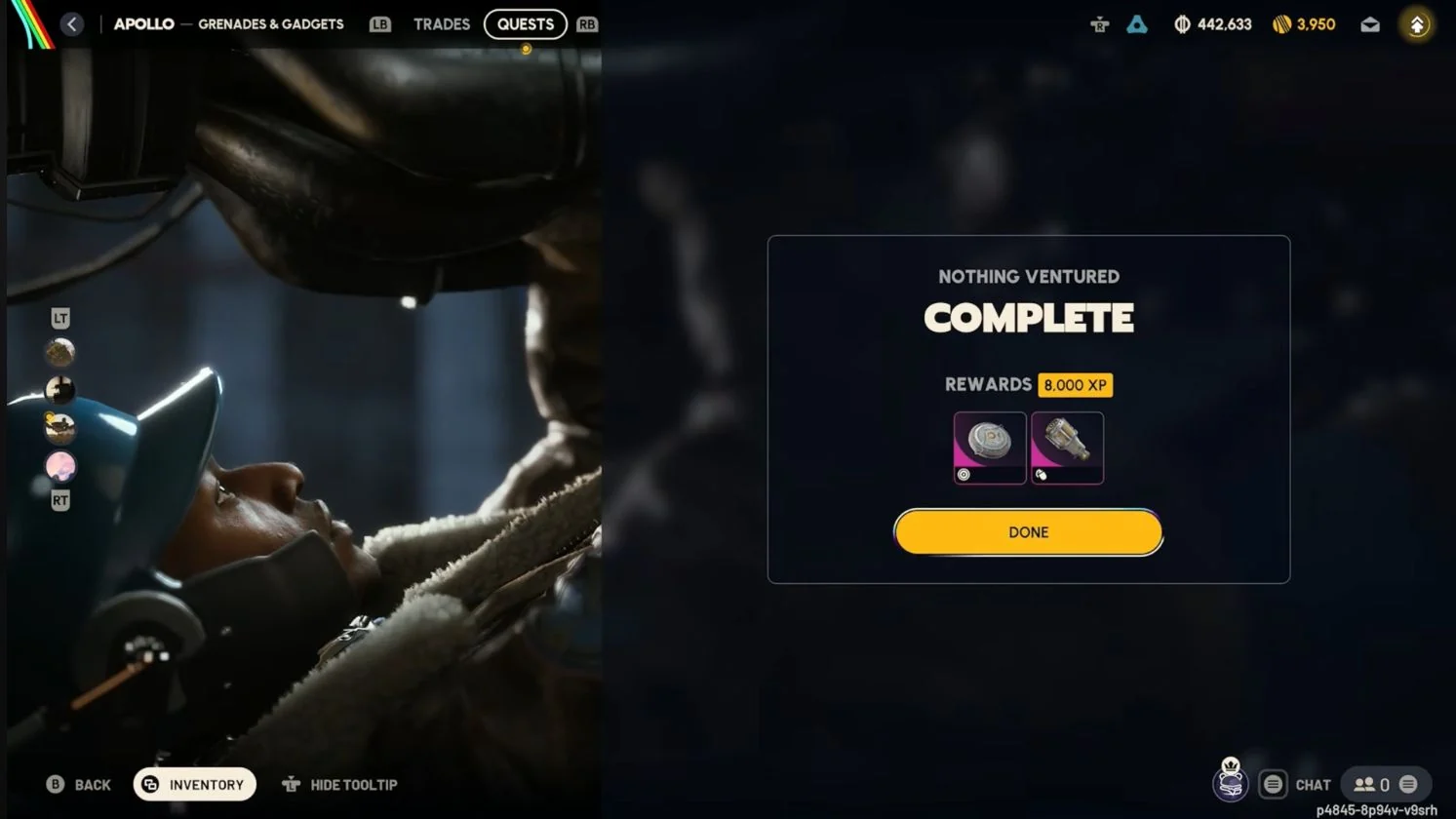 ARC Raiders Nothing Ventured completion screen with Apollo showing 8000 XP and two standard item rewards.