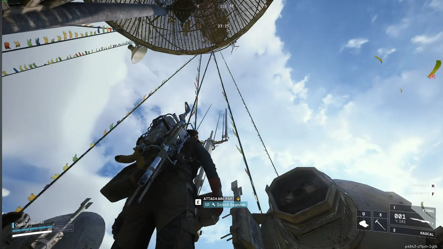 ARC Raiders Blue Gate Pilgrims Peak antenna beneath the circular mesh structure with the Snitch Scanner attachment prompt.