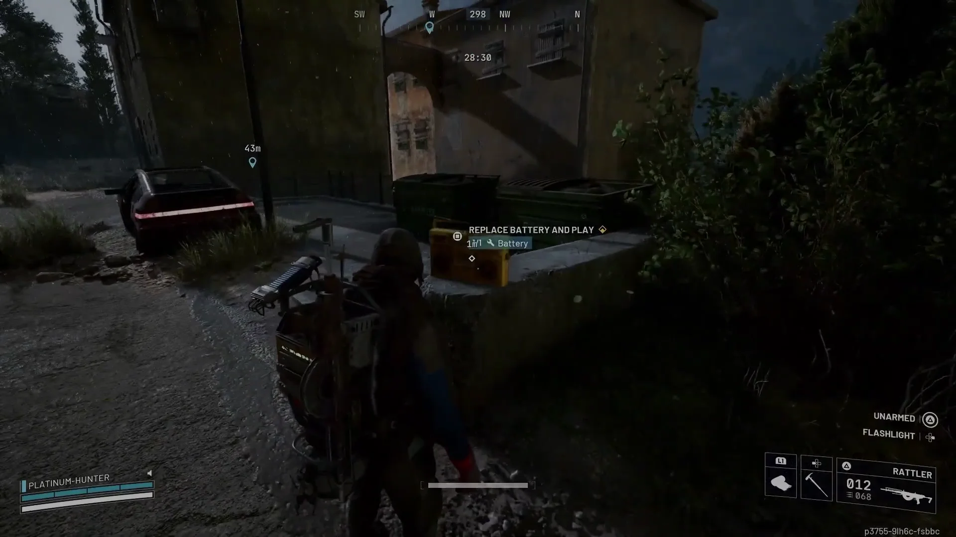 ARC Raiders Blue Gate Village boom box on a low wall by a parked car with Replace Battery and Play prompt