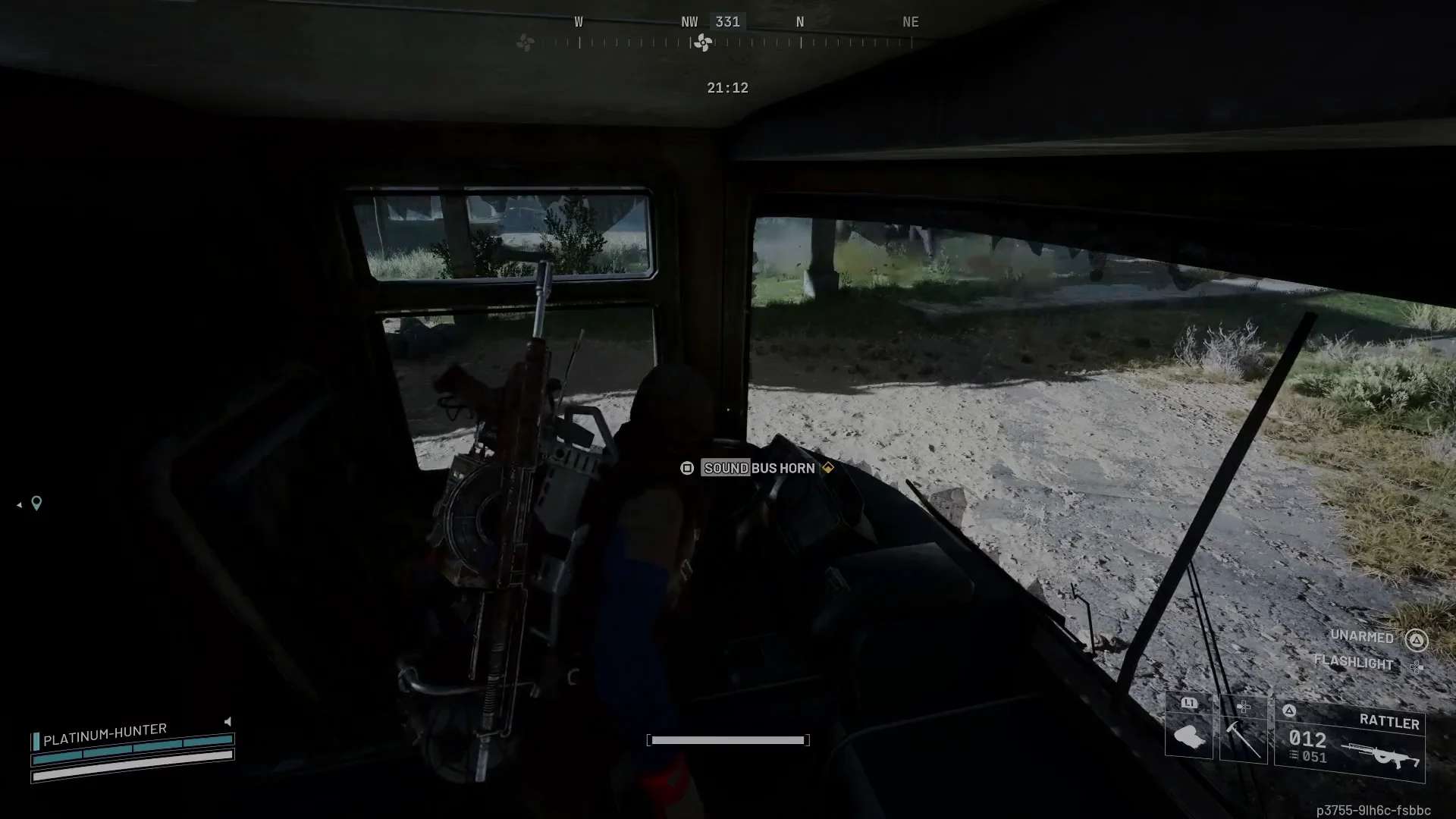 ARC Raiders Blue Gate Checkpoint Sound Bus Horn prompt beside the driver seat inside a bus