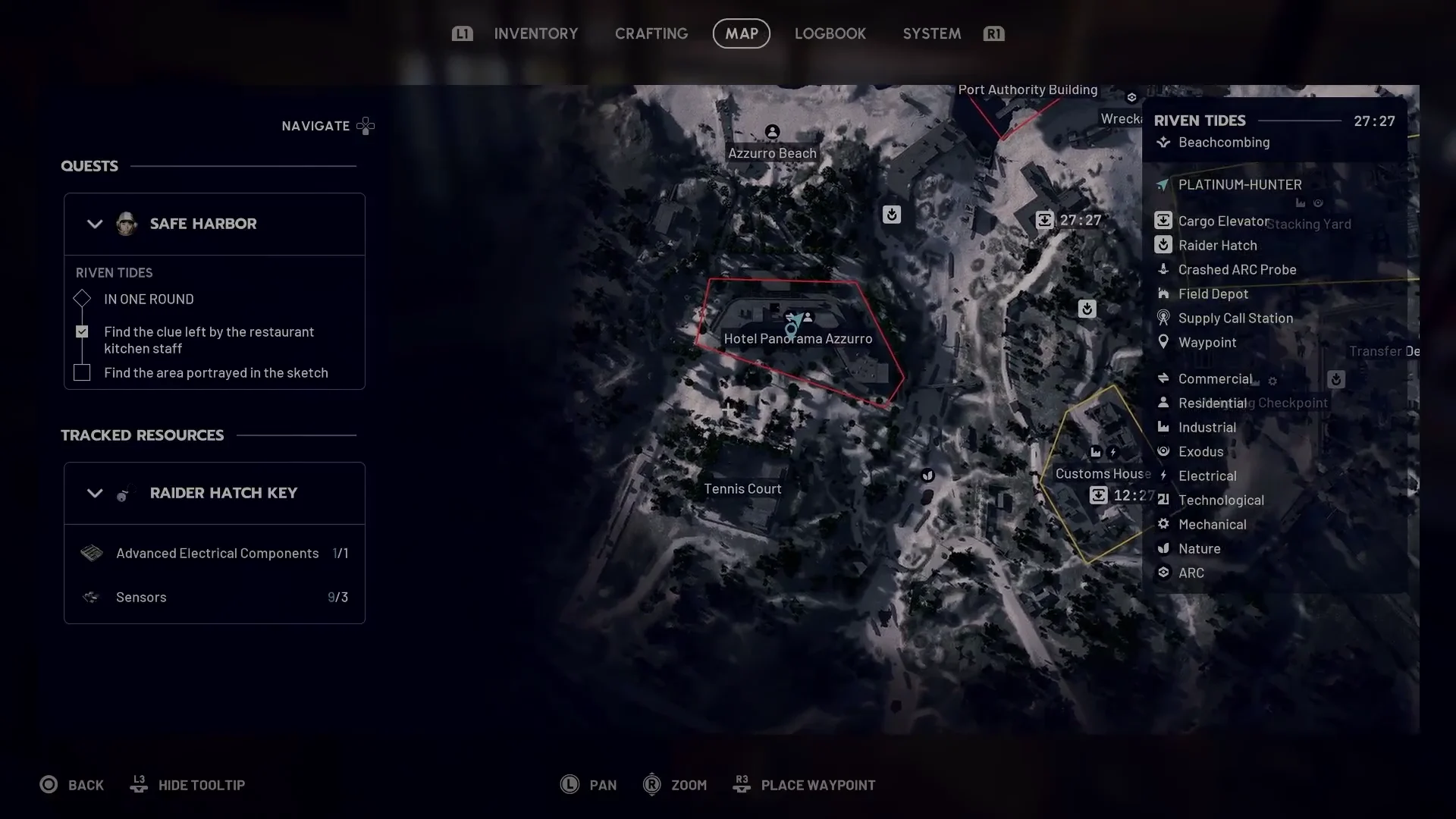 ARC Raiders Riven Tides map showing Hotel Panorama Azzurro north of the Tennis Court