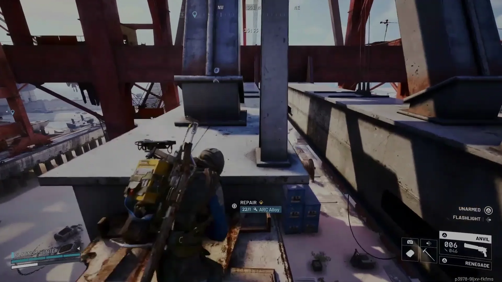 ARC Raiders Riven Tides Stacking Yard crane shelter with ARC Alloy REPAIR prompt