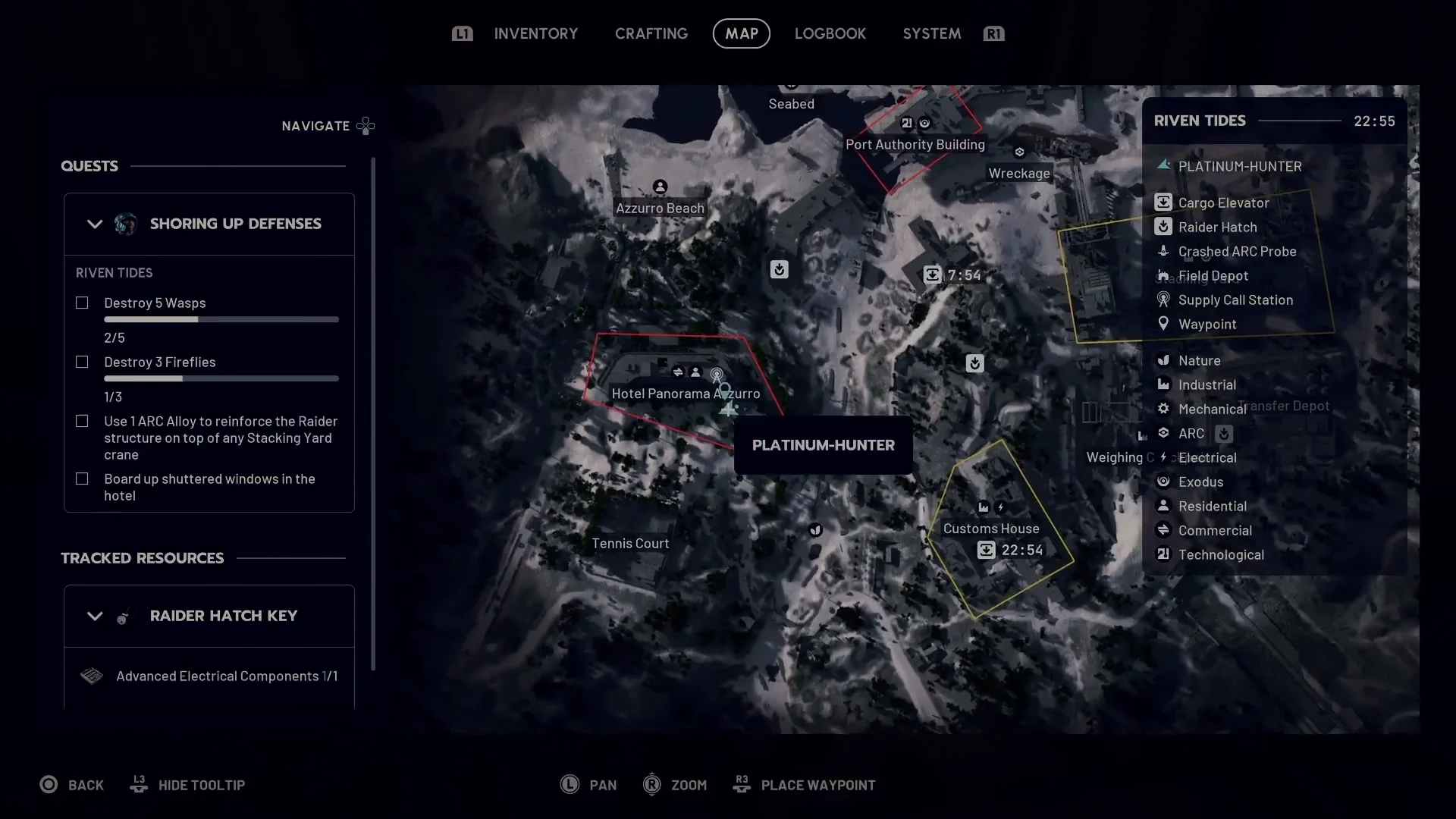 ARC Raiders Riven Tides map showing Shoring Up Defenses partial Wasp and Firefly counters