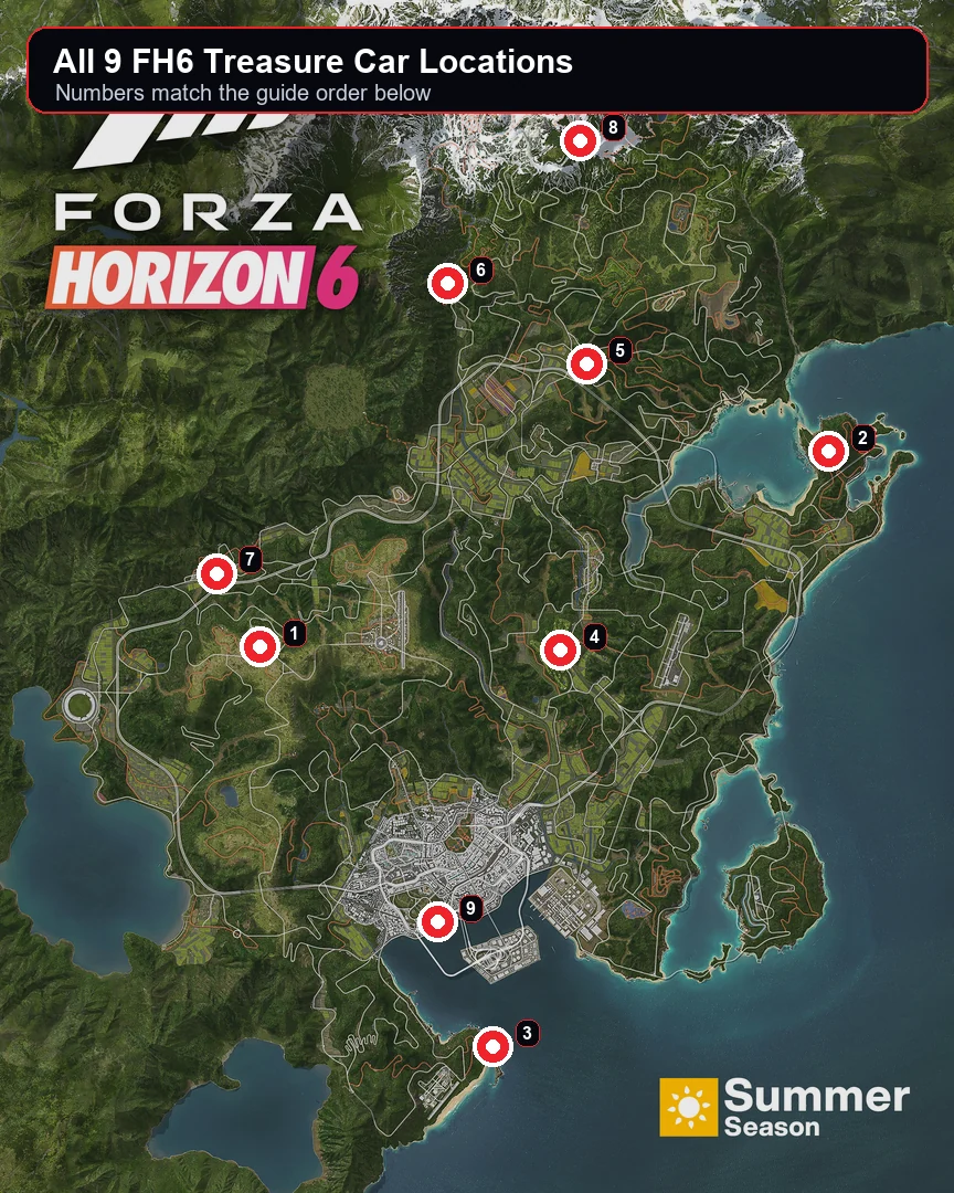 Forza Horizon 6 Treasure Cars overview map with all 9 numbered locations