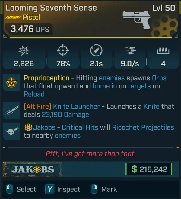 Borderlands 4 Looming Seventh Sense Pistol Level 50 with Proprioception orb effect, knife launcher alt fire, and Jakobs ricochet critical hits