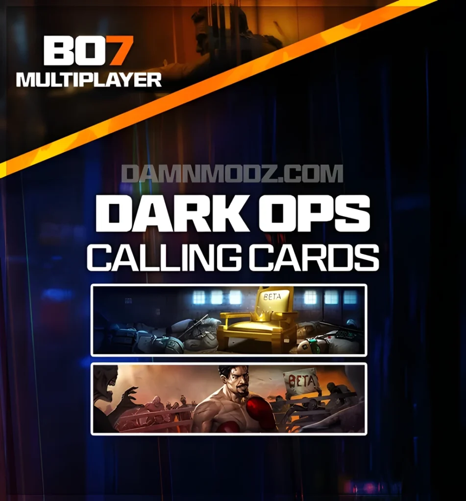 Black Ops 7 Dark Ops Calling Cards unlock service preview displaying rare animated and illustrated BO7 calling cards earned from completing high-difficulty Dark Ops challenges, available through DamnModz for fast profile customization upgrades.