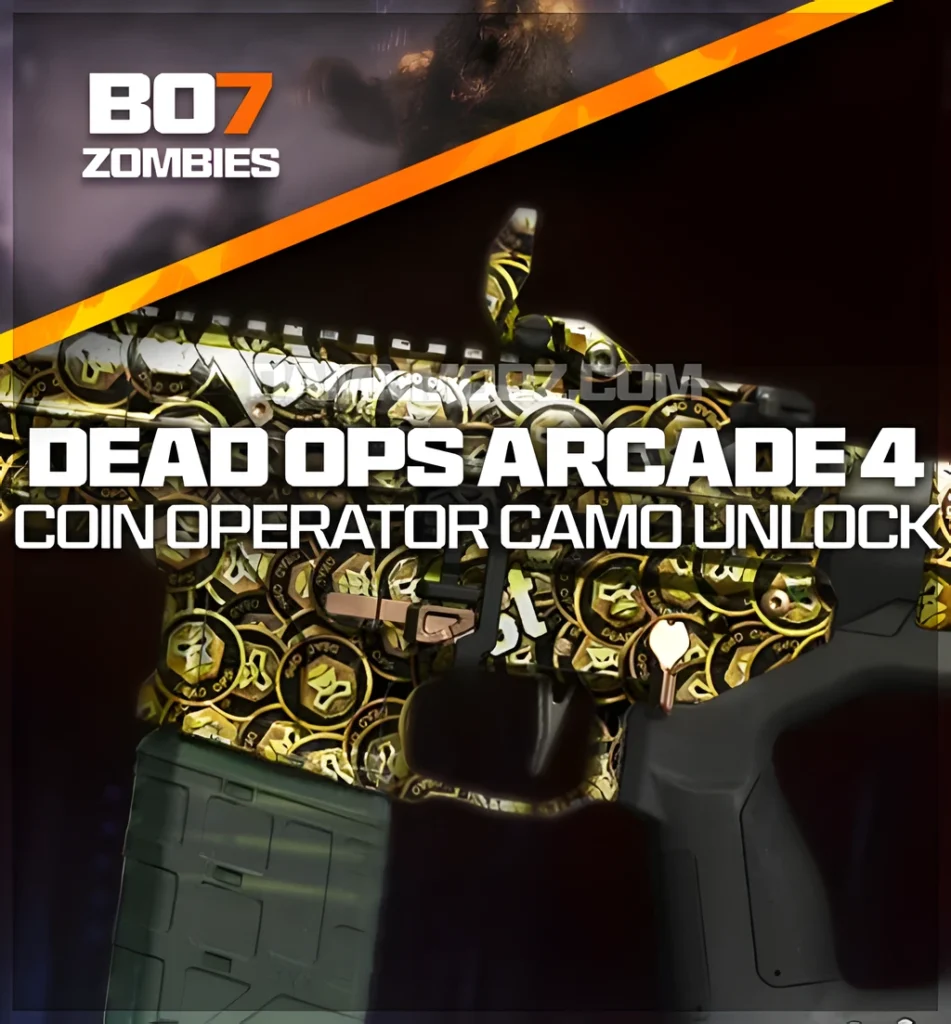 Call of Duty Black Ops 7 Dead Ops Arcade 4 Coin Operator camo unlock service featuring gold coin-patterned weapon skin, offering BO7 Zombies players rapid completion of Dead Ops Arcade challenges to unlock rare, exclusive camo designs.