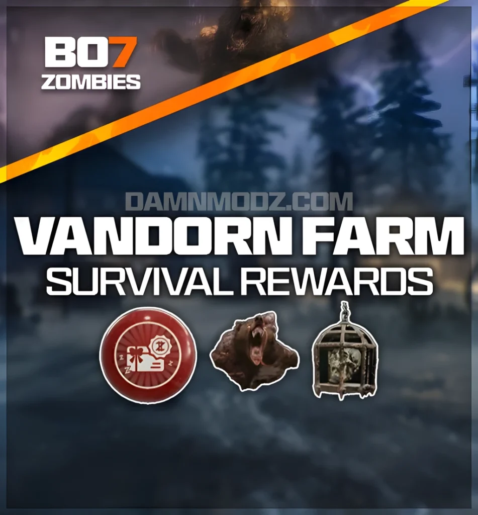 Call of Duty BO7 Zombies Vandorn Farm survival rewards graphic showcasing unlockable badges and exclusive zombie challenge items, offering fast completion services for players wanting rare Vandorn Farm rewards and progression boosts.