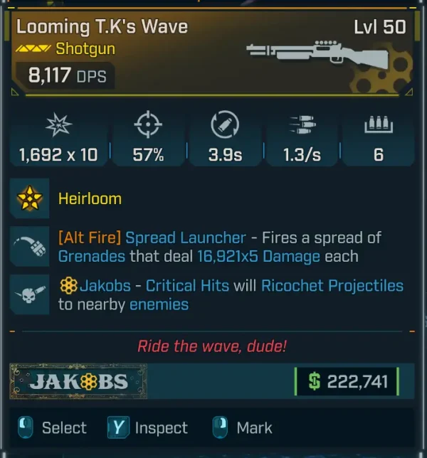 Borderlands 4 Looming T.K.’s Wave Shotgun Level 50 with Heirloom Spread Launcher grenades and Jakobs ricochet critical hits