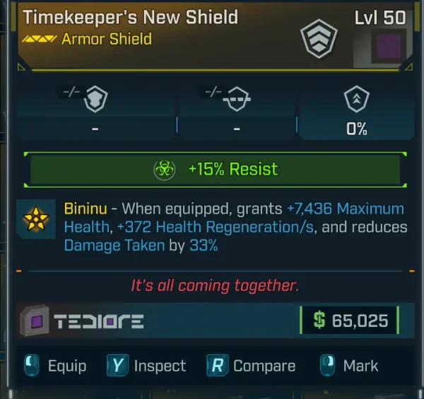 Borderlands 4 Timekeeper’s New Shield Armor Level 50 with +7436 maximum health, regeneration, and 33% damage reduction