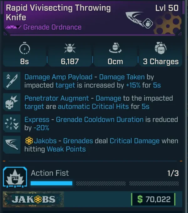 Borderlands 4 Rapid Vivisecting Throwing Knife Level 50 with Penetrator Augment, Express cooldown reduction, and Jakobs grenade criticals