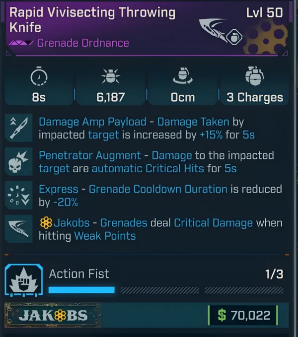 Borderlands 4 Rapid Vivisecting Throwing Knife Level 50 with Penetrator Augment, Express cooldown reduction, and Jakobs grenade criticals