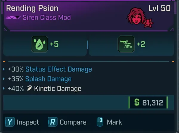 Borderlands 4 Rending Psion Siren Class Mod Level 50 with +30% status effect damage, +35% splash damage, and +40% kinetic damage