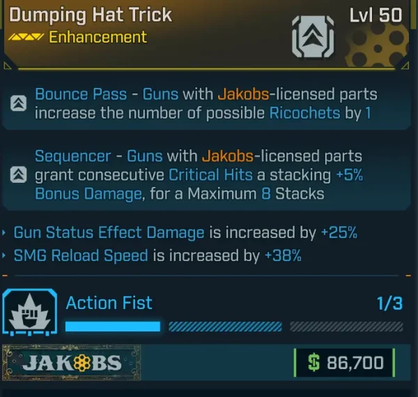 Borderlands 4 Dumping Hat Trick Enhancement Level 50 with Bounce Pass, Sequencer critical hit bonus, and +38% SMG reload speed