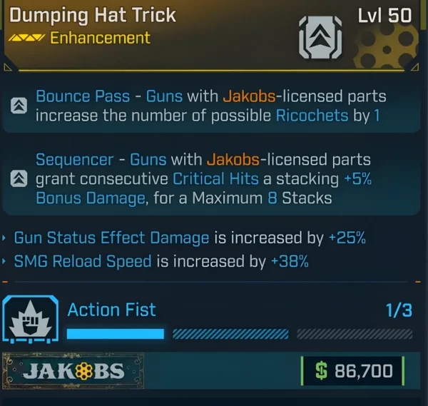 Borderlands 4 Dumping Hat Trick Enhancement Level 50 with Bounce Pass, Sequencer critical hit bonus, and +38% SMG reload speed