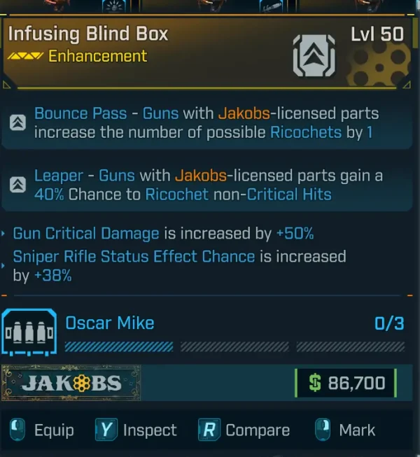 Borderlands 4 Infusing Blind Box Enhancement Level 50 with +50% gun critical damage and +38% sniper rifle status effect chance