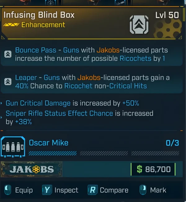 Borderlands 4 Infusing Blind Box Enhancement Level 50 with +50% gun critical damage and +38% sniper rifle status effect chance