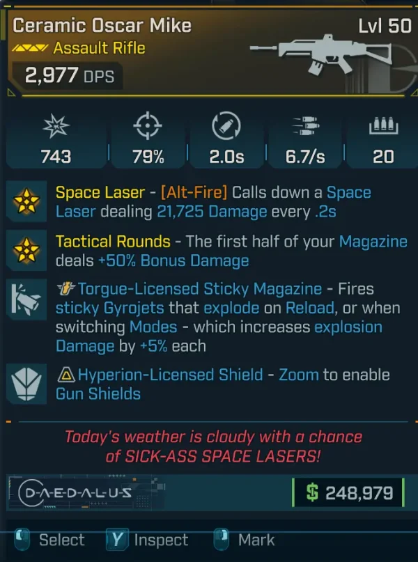 Borderlands 4 Ceramic Oscar Mike Assault Rifle Level 50 with Space Laser alt fire, Tactical Rounds, and sticky gyrojet explosions