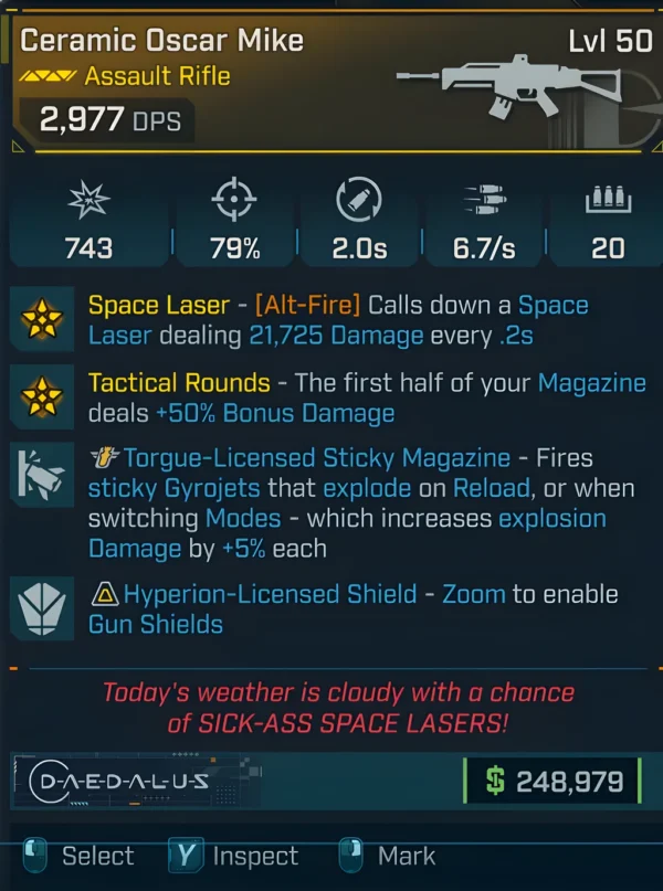 Borderlands 4 Ceramic Oscar Mike Assault Rifle Level 50 with Space Laser alt fire, Tactical Rounds, and sticky gyrojet explosions