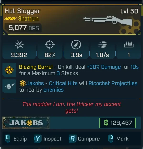 Borderlands 4 Hot Slugger Shotgun Level 50 with Blazing Barrel bonus damage stacks and Jakobs ricochet critical hits
