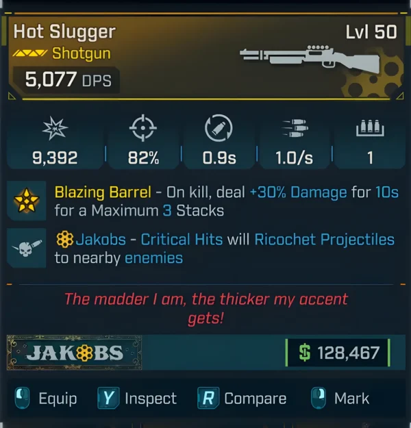 Borderlands 4 Hot Slugger Shotgun Level 50 with Blazing Barrel bonus damage stacks and Jakobs ricochet critical hits
