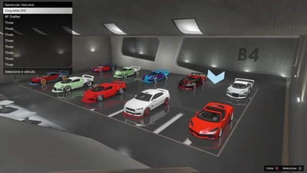 GTA Online garage management screen (B4) Coquette D10 selected among modded Thrax and other supercars in varied colors and whitewall/F1 wheels.