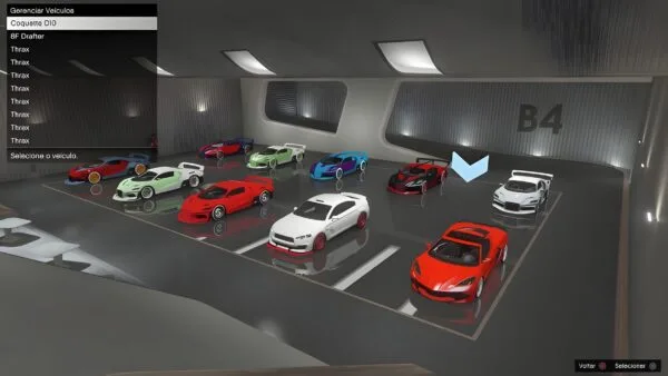 GTA Online garage management screen (B4) Coquette D10 selected among modded Thrax and other supercars in varied colors and whitewall/F1 wheels.