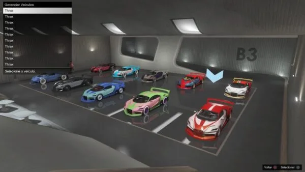 GTA Online garage management screen (B3) lineup of modded Thrax variants and companion supercars with custom paint, pearlescents and aero kits.”