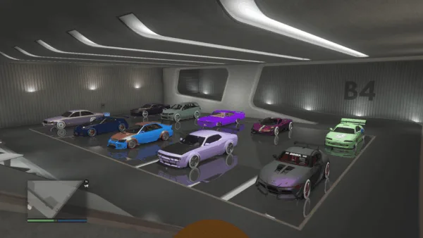 GTA 5 Online Office Garage B4 twelve customized tuners and supercars in pastel and metallic finishes with widebody kits, wings and rare rims.