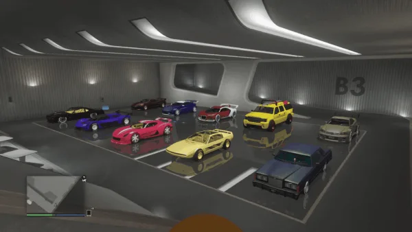 GTA 5 Online Office Garage B3 twelve modded vehicles including supercars, sports classics and an off-road SUV with unique wheels and liveries.