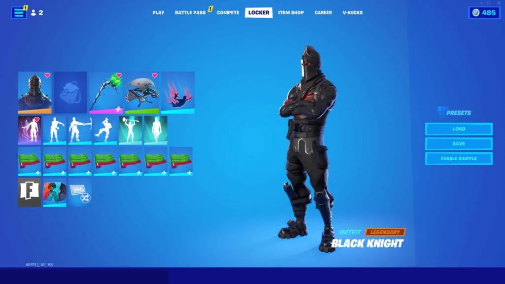 BLACK KNIGHT, IKONIK, HELIX, EON, GLOW, WONDER, REFLEX, ROUGE SPIDER KNIGHT, HONOR, GALAXY, BOMBER, MINTY, MAKO  300+ SKINS