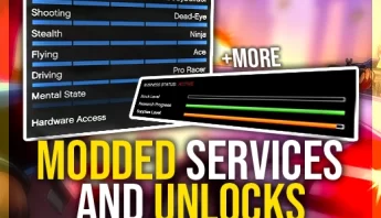 GTA 5 Online modded services screen—account unlocks like max stats, heist unlocks, outfits, research, and more for PS4/PS5 and Xbox.
