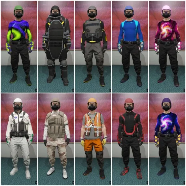 GTA 5 Online exclusive male modded outfits 12 presets with galaxy tops, utility armor, joggers, helmets, vests and workwear compatible with PS4/PS5 and Xbox accounts.