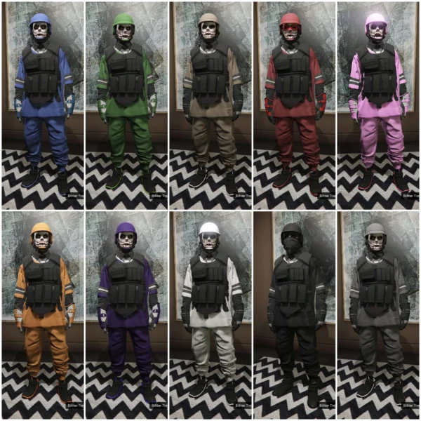GTA 5 Online modded outfits 12 armored presets with bulletproof vests and colored joggers (blue, green, tan, red, pink, orange, purple, white, black, grey) for PlayStation and Xbox modded accounts.