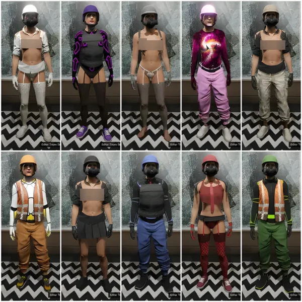 GTA 5 Online exclusive female modded outfits 12 curated presets featuring tactical gear, joggers/skirts and galaxy tops with helmets available for PlayStation and Xbox modded accounts.