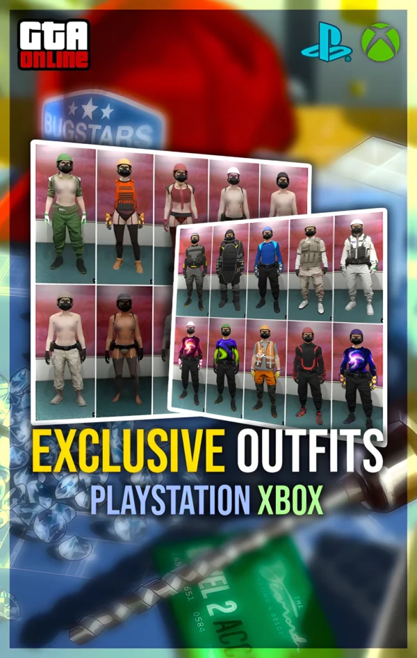 GTA Online exclusive modded outfits banner collage preview of male and female tactical/clothing presets—service for Grand Theft Auto V on PlayStation and Xbox.