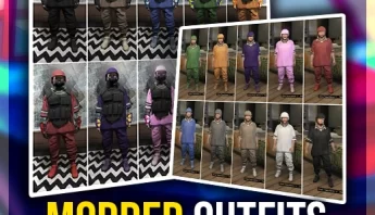 GTA 5 Modded Outfits preview for PlayStation/Xbox showing multiple rare outfit sets and colorways.