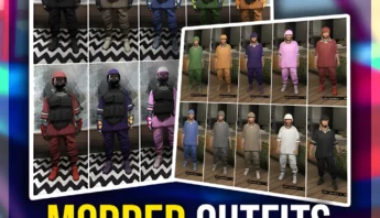GTA 5 Modded Outfits preview for PlayStation/Xbox showing multiple rare outfit sets and colorways.