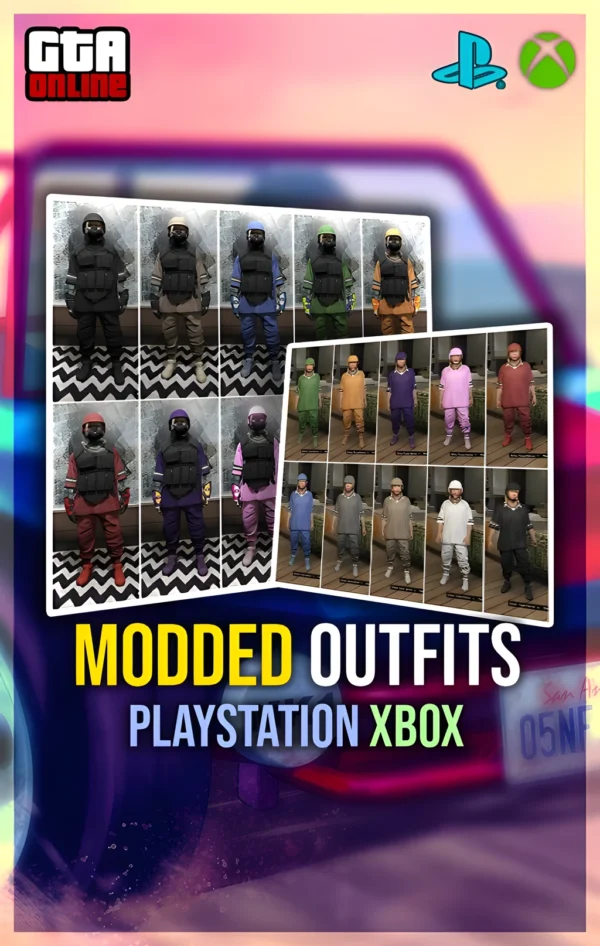 GTA 5 Modded Outfits preview for PlayStation/Xbox showing multiple rare outfit sets and colorways.