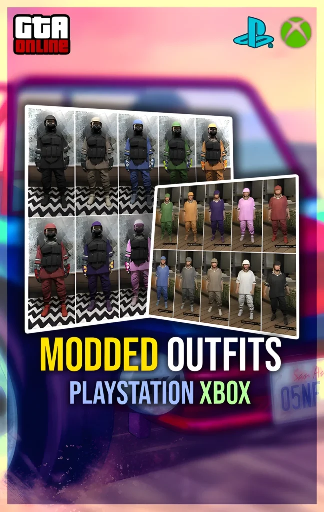 GTA 5 Modded Outfits preview for PlayStation/Xbox showing multiple rare outfit sets and colorways.