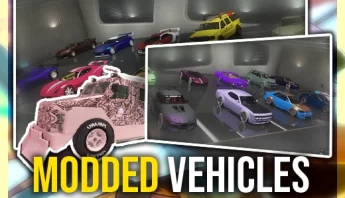 GTA 5 Modded Vehicles graphic with PlayStation/Xbox logos, showcasing garages filled with rare, custom cars.