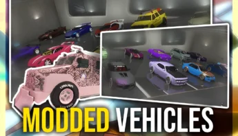 GTA 5 Modded Vehicles graphic with PlayStation/Xbox logos, showcasing garages filled with rare, custom cars.