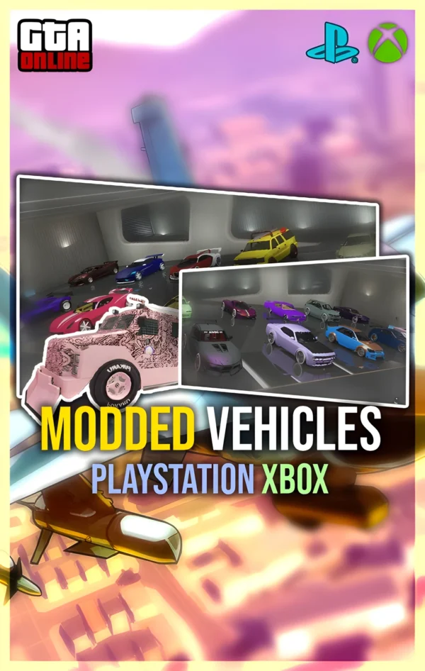 GTA 5 Modded Vehicles graphic with PlayStation/Xbox logos, showcasing garages filled with rare, custom cars.