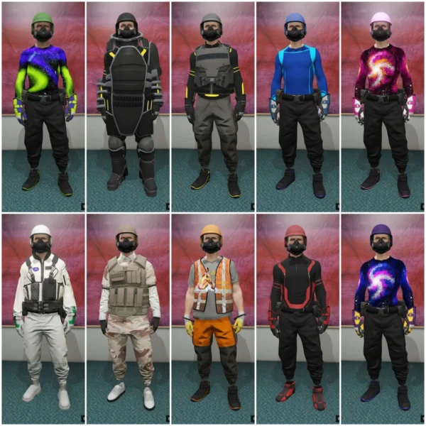 GTA 5 Online male modded outfits set—tactical and galaxy-themed clothing presets with helmets, gloves, and armor—preview for PlayStation & Xbox modded accounts.