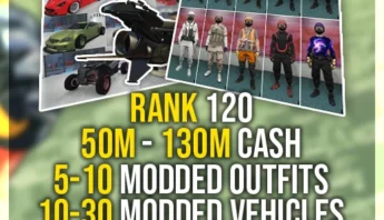 Buy GTA 5 Rank 120, 130 Million Cash, Fast Run, 10 Modded Outfits, 30 Modded Cars (PlayStation/Xbox)