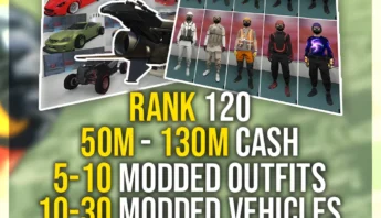 gta5 Rank 120, 50-130 Million Cash, 1 MK2, 5-10 Modded Outfits & 10-30 Modded Cars