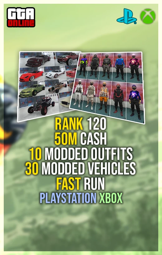 Buy GTA 5 Rank 120, 50 Million Cash, Fast Run, 10 Modded Outfits, 30 Modded Cars (PlayStation/Xbox)