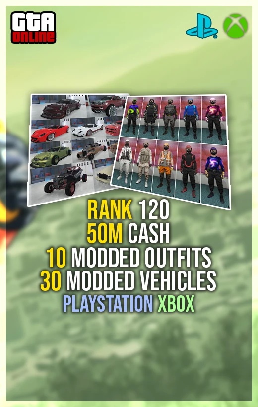 Buy GTA 5 Rank 120, 50 Million Cash, 10 Modded Outfits, 30 Modded Cars (PlayStation/Xbox)